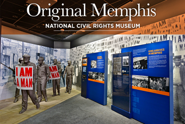 A poster of original memphis with people standing with posters