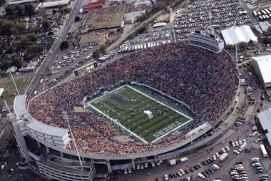 An aerial view of the stadium with people filled